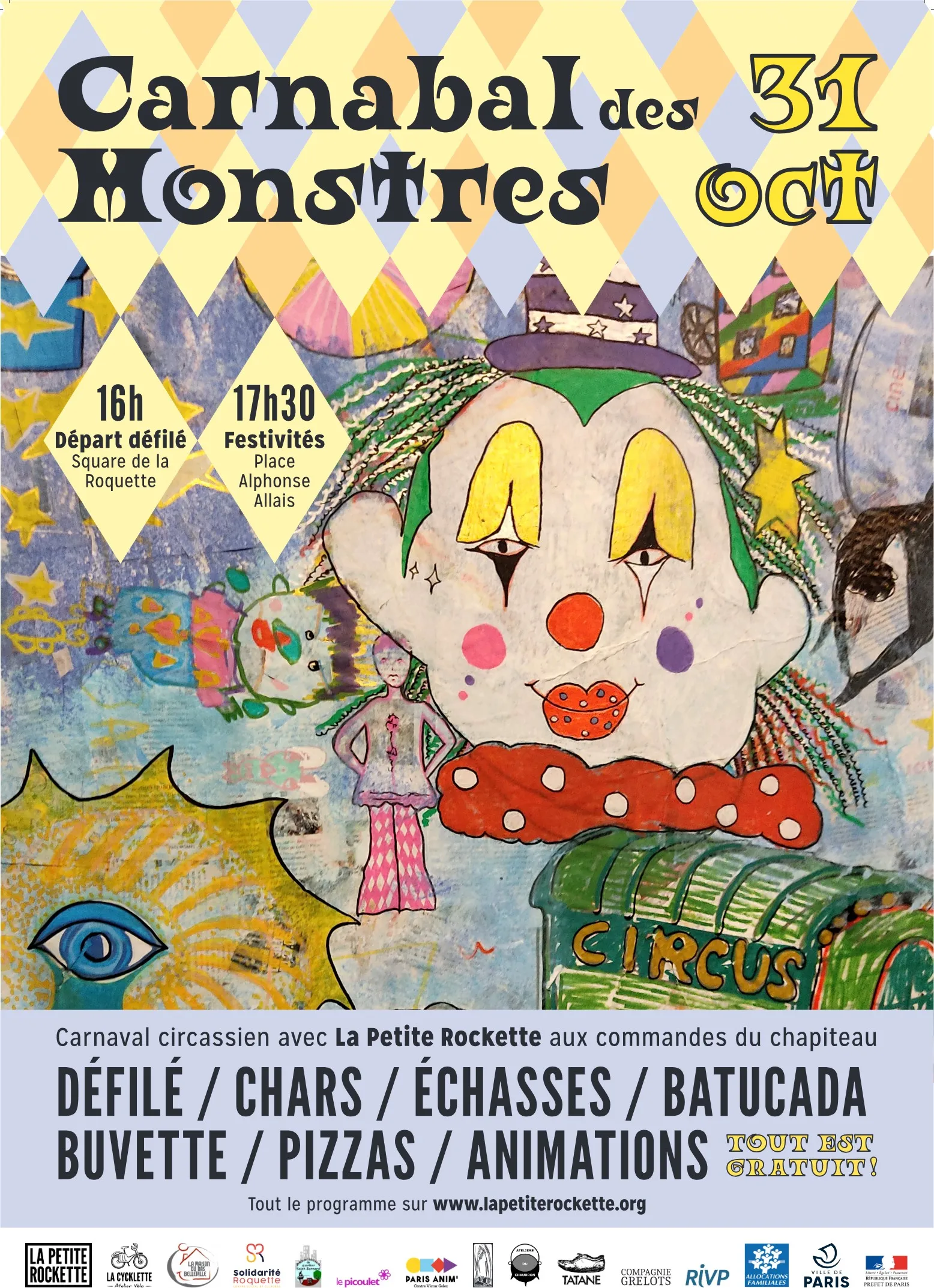 Affiche du Carnabal des Monstres le 31 octobre : départ du défilé à 16h square de la Roquette, festivités à 17h30 place Alphonse Allais
